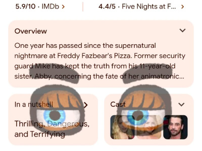 Hình quảng bá Google Tìm kiếm với đôi mắt animatronic mờ lướt qua kết quả Five Nights at Freddy's