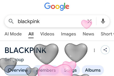 Trang kết quả Google BLACKPINK với nút trái tim, sương hồng và những trái tim đen hồng